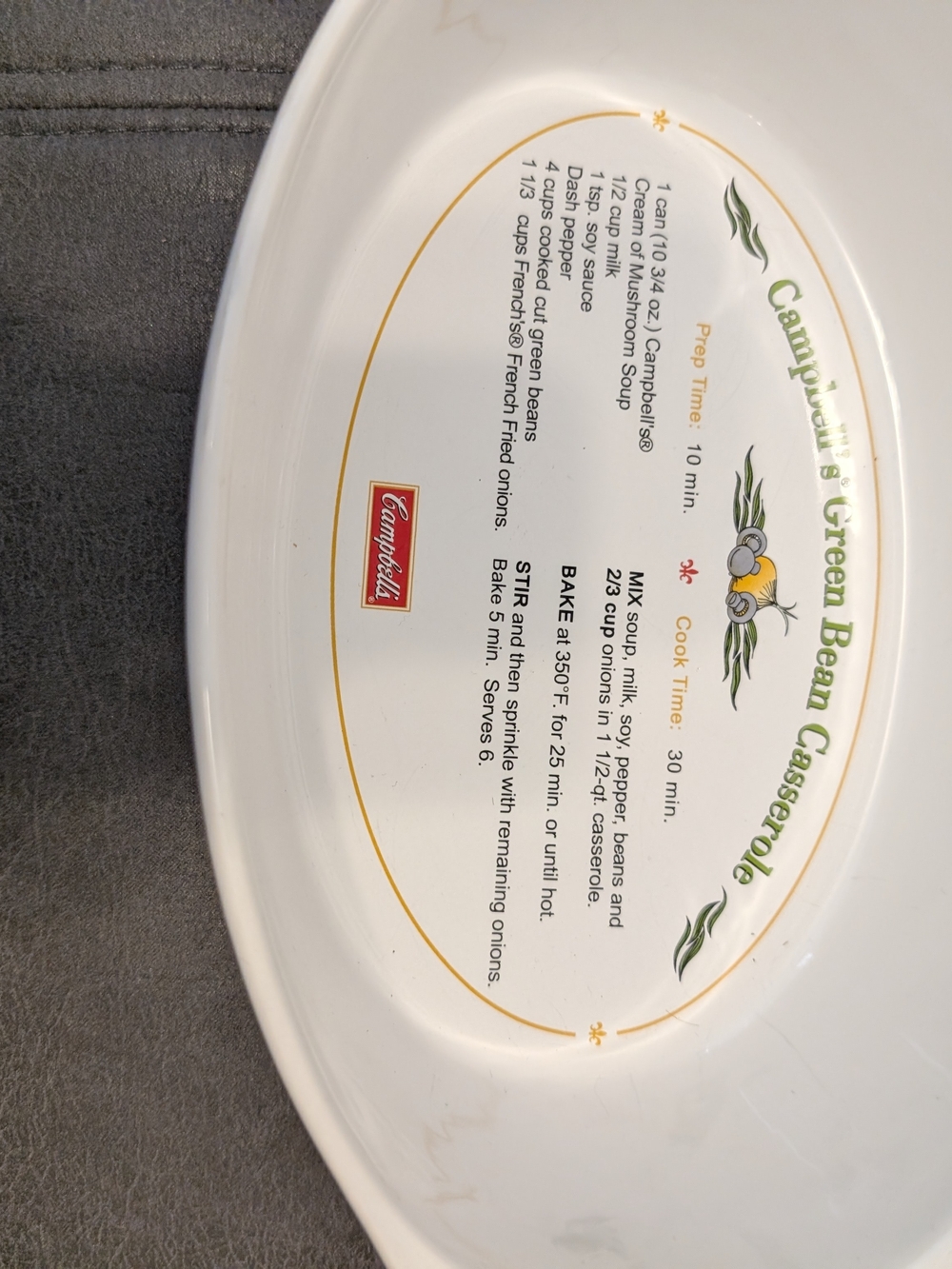 Campbell's White Ceramic Green Bean Casserole Serving Platter